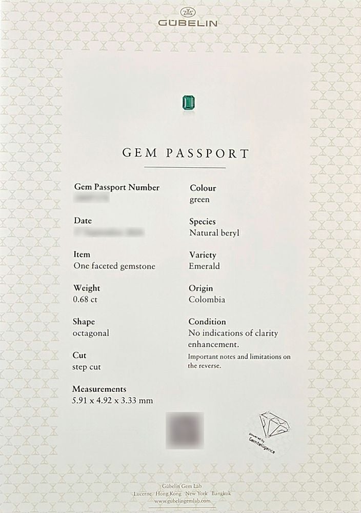 コロンビア産無処理エメラルド(ノンオイル)0.68ct(GUBELIN宝石鑑別書付)
