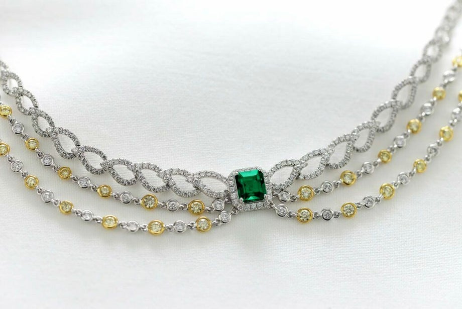 コロンビア産無処理エメラルド(ノンオイル)1.38ctプラチナゴールドネックレスダイヤ1.51ct2.99ct付(GUBELIN宝石鑑別書付)