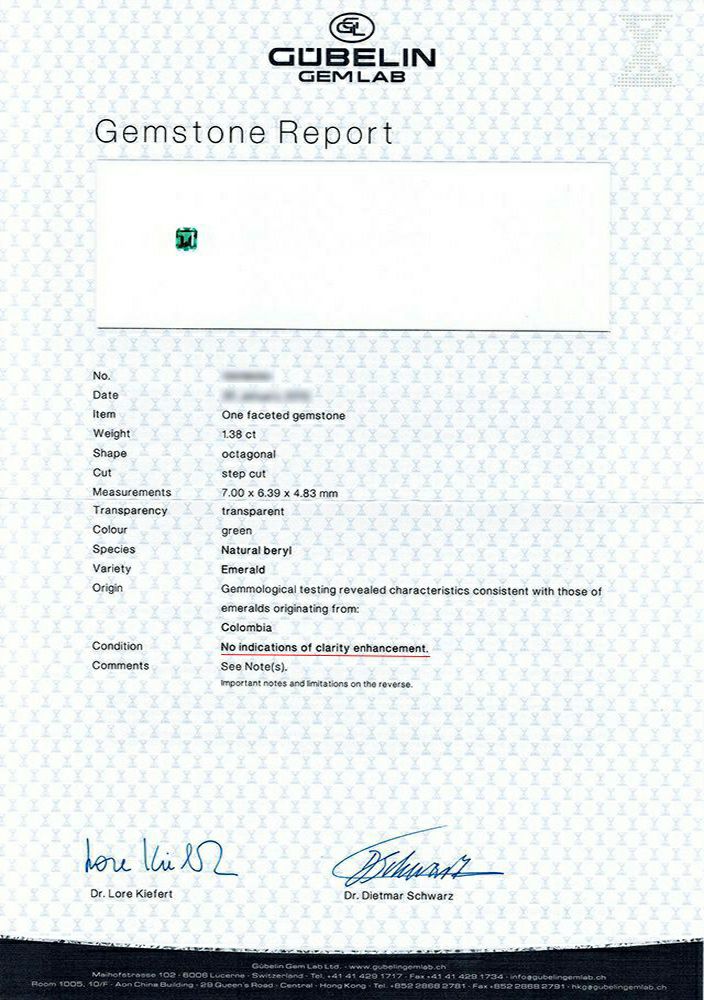 GUBELINノンエンハンスメントエメラルド宝石鑑別書