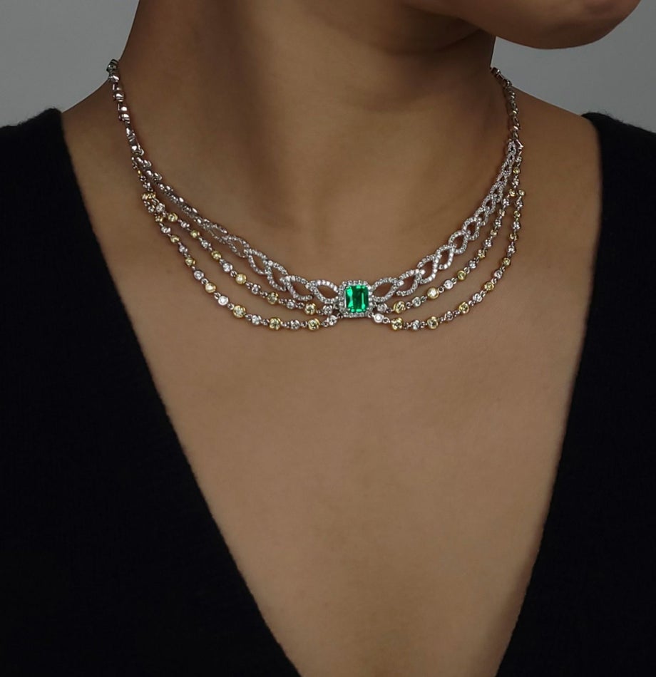 コロンビア産無処理エメラルド(ノンオイル)1.38ctプラチナゴールドネックレスダイヤ1.51c
