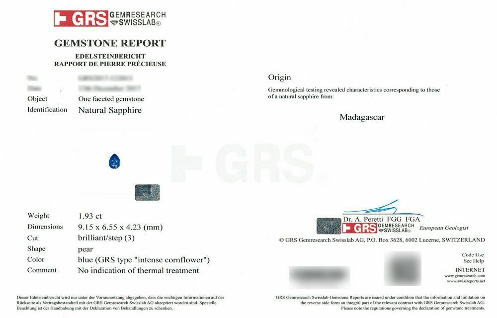 GEM RESEARCH SWISSLAB宝石鑑別書