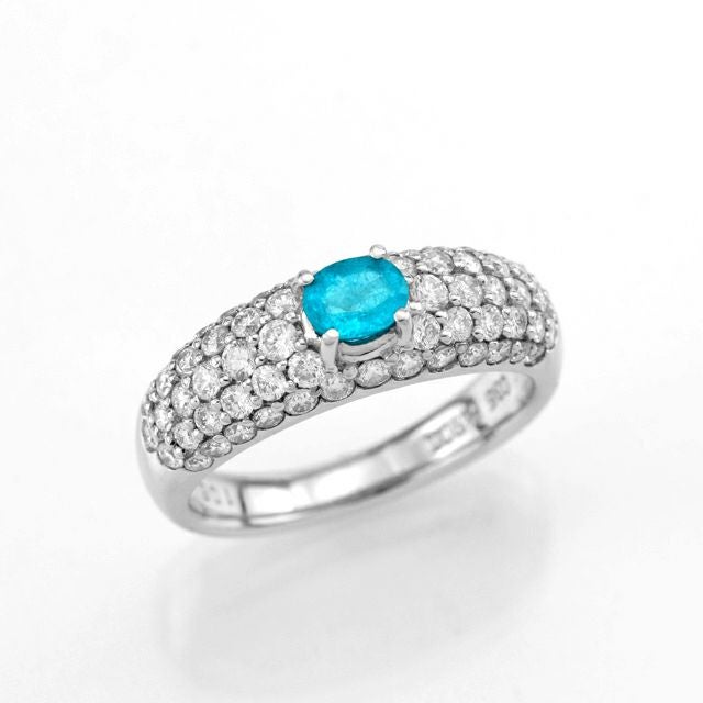 ブラジル産バターリャ鉱山パライバトルマリン0.35ctプラチナリングダイヤ1.06ct付(全国宝石学協会宝石鑑別書付)
