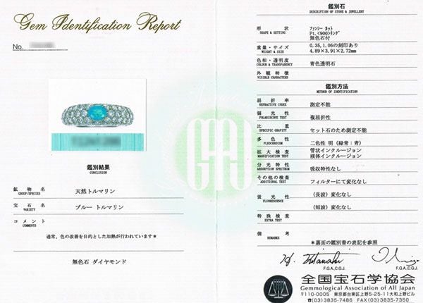 全国宝石学協会パライバトルマリン分析レポート付宝石鑑別書
