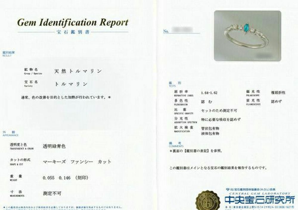 中央宝石研究所パライバトルマリン分析報告書付宝石鑑別書