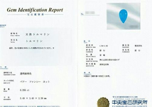 中央宝石研究所宝石鑑別書
