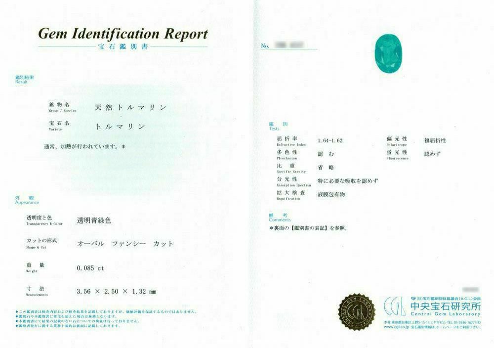 中央宝石研究所パライバトルマリン分析報告書付宝石鑑別書
