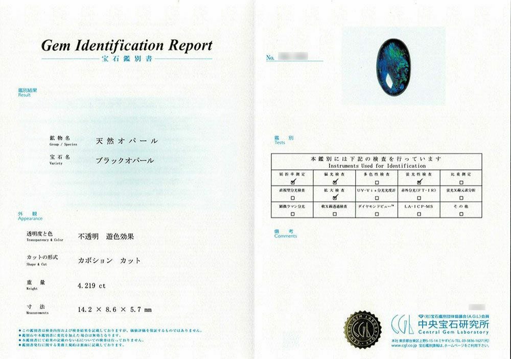  ブラックオパール4.21ct(中央宝石研究所宝石鑑別書付)