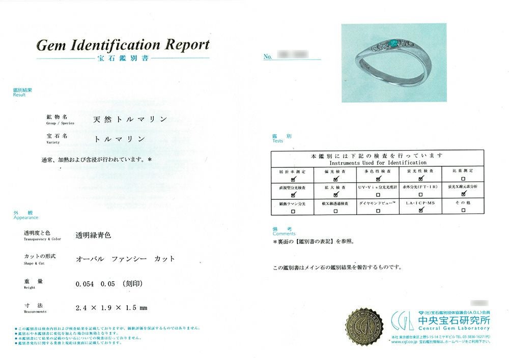 中央宝石研究所パライバトルマリン分析報告書付宝石鑑別書
