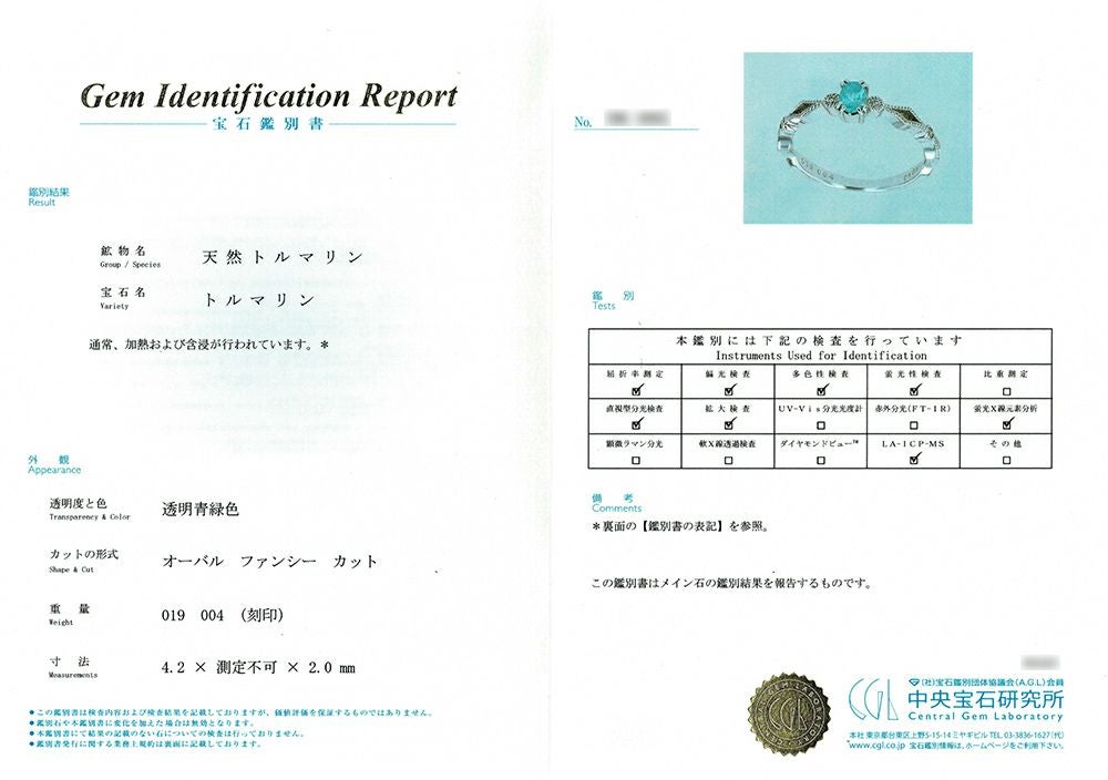 中央宝石研究所パライバトルマリン分析レポート付宝石鑑別書

